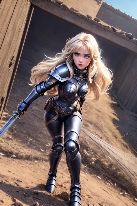 (detailed eyes:1.3), Beautiful Lighting, (1girl:blue  eyes, blonde hair, absurdly long hair, (hair between eyes:1.2)), (real skin), <lora:l - L| :1>, <lora:y:1>,  (Style-DA:1.3), <lora:age_slider-LECO-v1:-4>, (outdoors:1.3),
 <lora:SOB_test2:0.4>, sob, (gothic black armor:1.3), full body, holding weapon, pants,