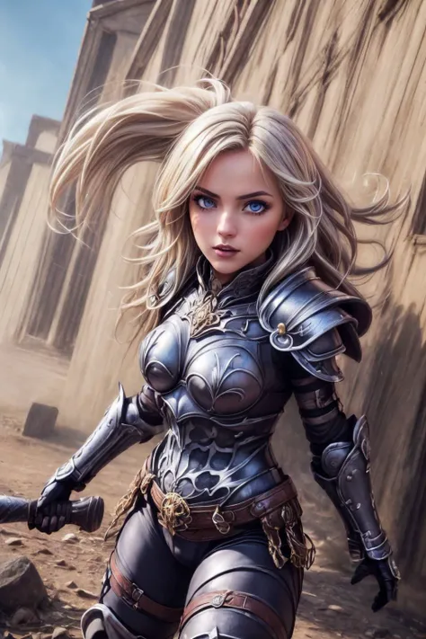 (detailed eyes:1.3), Beautiful Lighting, (1girl:blue  eyes, blonde hair, absurdly long hair, (hair between eyes:1.2)), (real skin), <lora:l - L| :1>, <lora:y:1>,  (Style-DA:1.3), <lora:age_slider-LECO-v1:-4>, (outdoors:1.3),
 <lora:SOB_test2:0.4>, sob, (gothic black armor:1.3), cowboy shot, holding weapon, pants,