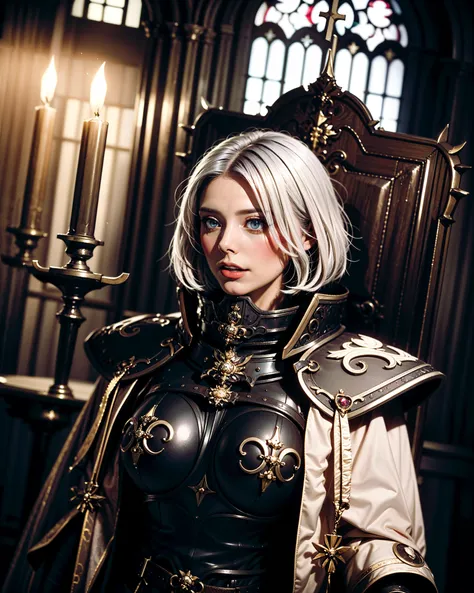 portrait of (SOB adepta sororitas:1.1), surreal concept art of sister of battle wearing full metal armor, breastplate, pauldrons, (Elizabeth Olsen:1.1), bobcut white hair, (dark eyeshadow:1.1), goth makeup, cute, detailed realistic skin, matte skin texture, skin imperfections, looking down,
dark gothic background, inside cathedral, indoors, (stained glass window:1.2), candlelight, (dim lighting:1.2), perfect anatomy, centered, approaching perfection, athletic female,
dark art (masterpiece:1.1), (muted colors, dim colors, soothing tones:1.3), low saturation, smoke, depth of field, detailed, intricate, best quality, high quality, highres, absurdres, official art, dim lighting, soft lighting, 1girl, upper body,
<lora:SOB_Warhammer40k:0.7> <lora:epi_noiseoffset2:0.4>