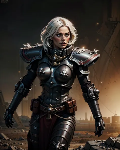 cinematic action shot of a group of SOB adepta sororitas, abstract concept art in the style of HR Giger, Apterus, Zdzislaw Beksinski,
wearing full metal armor, cuirass, leg armor, pauldrons, armored gloves, (SISTER OF BATTLE:1.2), (fleur de lis:1.2), (Charlize Theron:1.2), bobcut white hair, (dark eyeshadow:1.1), goth makeup, detailed realistic skin, matte skin texture, skin imperfections, angry, grim, shouting, in battle,
detailed background, gothic ruins in the background, war, smoke, fog, (dim lighting:1.2), action movie poster,
dark art (masterpiece:1.1), analog style, detailed, intricate, best quality, high quality, high res, absurdres, official art, grimdark, warhammer 40k, (multiple girls:1.3),
<lora:SOB_Warhammer40k:0.6> <lora:epi_noiseoffset2:0.4> <lora:1.5_perfect hands:0.8>