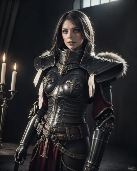 beautiful and aesthetic portrait of (SOB adepta sororitas:1.1) wearing full metal armor, intricate plate armor, bobcut black hair, (dark eyeshadow:1.2), goth makeup, cute, sad, detailed realistic skin, realistic face, matte skin texture, skin imperfections, fleur de lis, scar on face,
dark gothic background, inside cathedral, indoors, stained glass window, candlelight, (dim lighting:1.2), perfect anatomy, centered, approaching perfection, athletic female,
dark art (masterpiece:1.1), light particles, smoke, cinematic, depth of field, detailed, intricate, best quality, high quality, highres, absurdres, official art, dim lighting, soft lighting, photorealistic, upper body, medium shot, wide angle shot, Perfect Hands
<lora:SOB_Warhammer40k:0.7> <lora:epi_noiseoffset2:0.4> <lora:1.5_perfect hands:0.8>