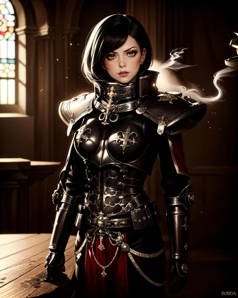 beautiful and aesthetic portrait of (SOB adepta sororitas:1.1) wearing full metal armor, plate armor, bobcut black hair, (dark eyeshadow:1.1), goth makeup, cute, (serious:1.4), detailed realistic skin, realistic face, matte skin texture, skin imperfections, fleur de lis,
dark gothic background, inside cathedral, indoors, stained glass window, candlelight, (dim lighting:1.2), perfect anatomy, centered, approaching perfection, athletic female,
dark art (masterpiece:1.1), light particles, smoke, cinematic, depth of field, detailed, intricate, best quality, high quality, highres, absurdres, official art, dim lighting, soft lighting, photorealistic, upper body, medium shot, wide angle shot, Perfect Hands
<lora:SOB_Warhammer40k:0.6> <lora:epi_noiseoffset2:0.4> <lora:1.5_perfect hands:0.8>