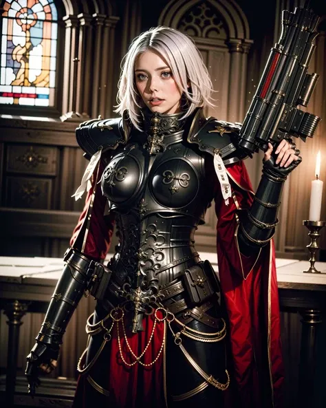 portrait of (SOB adepta sororitas:1.1), surreal concept art of sister of battle wearing full metal armor, breastplate, pauldrons, armored gloves, detailed armor, (Elizabeth Olsen:1.2), bobcut white hair, (dark eyeshadow:1.1), goth makeup, cute, detailed realistic skin, matte skin texture, skin imperfections, (looking down, looking sad:1.1), holding weapon, holding gun,
dark gothic background, inside cathedral, indoors, (stained glass window:1.2), candlelight, (dim lighting:1.2), perfect anatomy, centered, approaching perfection, athletic female,
dark art (masterpiece:1.1), (muted colors, dim colors, soothing tones:1.3), low saturation, smoke, depth of field, detailed, intricate, best quality, high quality, highres, absurdres, official art, dim lighting, soft lighting, 1girl, upper body,
<lora:SOB_Warhammer40k:0.7> <lora:epi_noiseoffset2:0.4>