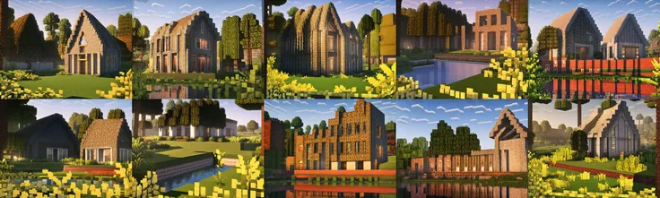 house near a river, trees, forest background<hypernet:minecrafting:1>
