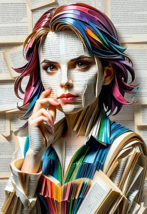 (((masterpiece))) , (((best quality))) , anime style, 2d, well-built charming 1girl, solo, lovely 1girl, Bookpaper, portrait of  Hayley Atwell with a book-like appearance, vibrant paint. she’ s resting her hand on her chin, made out of pages of newspaper, creating a striking and eye-catching scene., she has Shaved sides hair, key visual, 