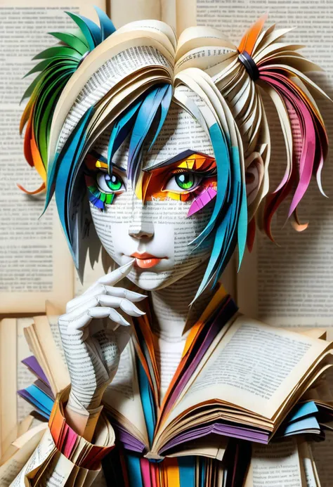 (((masterpiece))) , (((best quality))) , anime style, 2d, well-built charming 1girl, solo, lovely 1girl, Bookpaper, portrait of  Elfman Strauss with a book-like appearance, vibrant paint. she’ s resting her hand on her chin, made out of pages of newspaper, creating a striking and eye-catching scene., she has Shaved sides hair, key visual, 