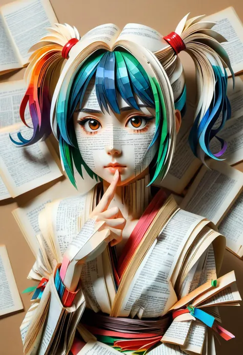 (((masterpiece))) , (((best quality))) , anime style, 2d, well-built charming 1girl, solo, lovely 1girl, Bookpaper, portrait of  Setsuna Meioh with a book-like appearance, vibrant paint. she’ s resting her hand on her chin, made out of pages of newspaper, creating a striking and eye-catching scene., she has Shaved sides hair, key visual, 