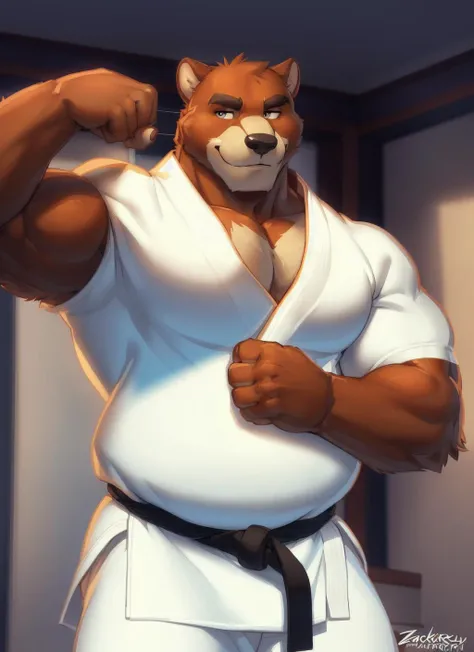 solo, anthro (Neapolitan mastiff, cane corso), full ears, brown and gray skin, detailed eyes, Gym: 1.6, sweat, heavy breathing: 1.5, correct anatomy, biceps, (muscular) veins through the body little volume of private parts (Kimono: 1.2), tatami background, 8k hd, dark shadows