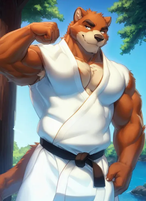 <lora:juuichi-08:1>, juuichi, solo, karateka \(baromaru\), (plump), pectorals, pectoral cleavage, detailed eyes, detailed face, by zackarry911, by zaush, (by personalami:0.5), (soft shading), 4k, hi res, smile, karate, (flexing, flexing arm, flexing viceps), looking at viewer,