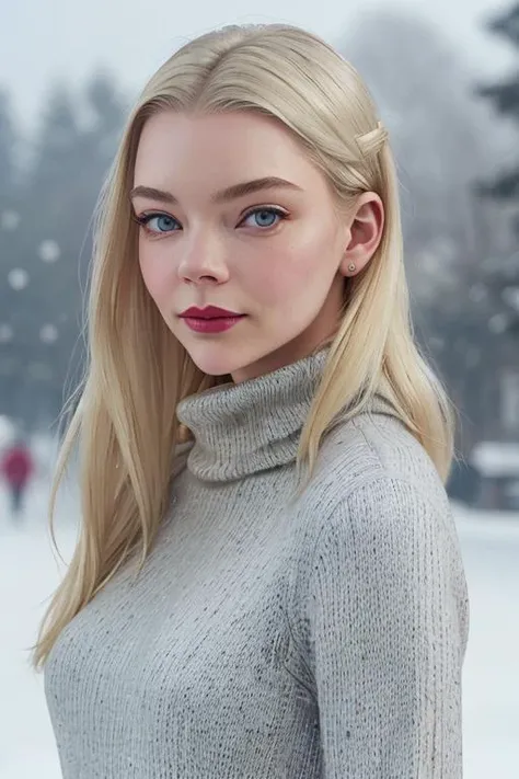 <lora:anyataylorjoy-07:0.4>, anyataylorjoy, , photo of a woman, , ((outdoors, city, turtleneck sweater, snow, blonde hair)),smiling, (red lipstick, blush), ((best quality, masterpiece, extreme details, high resolution):1.2),((detailed eyes, beautiful eyes, detailed face, beautiful face):1.2)