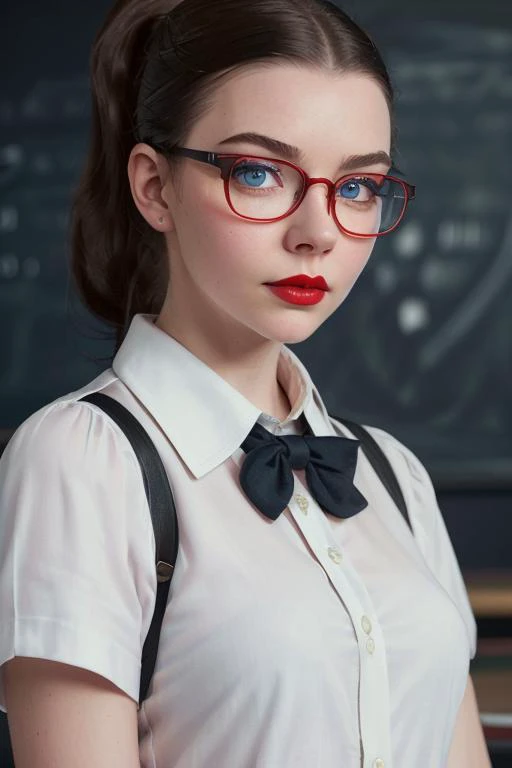 <lora:anyataylorjoy-07:0.4>, anyataylorjoy, ,photo of a woman, ((shirt, ponytail, bowtie, thick glasses):1.1), ((classroom, chalkboard)), ((red lipstick, makeup)), ((best quality, masterpiece, extreme details, high resolution):1.2),((detailed eyes, beautiful eyes, detailed face, beautiful face):1.2)