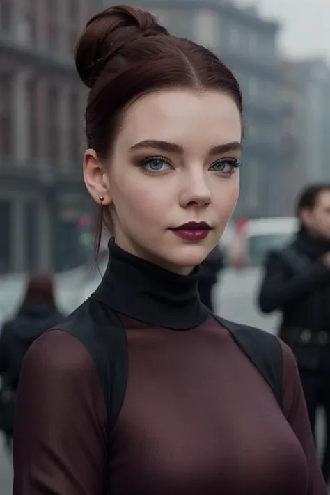<lora:anyataylorjoy-07:0.4>, anyataylorjoy,  , photo of a woman, ((dark red hair, hair up, hair in bun)), ((outdoors, detailed fantasy city, turtleneck bodysuit, cape)),smiling, ((dark lipstick, heavy eyeliner, heavy eye shadow, blush, goth makeup)), ((best quality, masterpiece, extreme details, high resolution):1.2),((detailed eyes, beautiful eyes, detailed face, beautiful face):1.2)