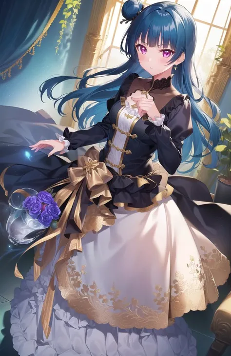 yoshiko tsushima, blue hair, hair bun, (purple eyes:1.1), single side bun, bangs, long hair, <lyco:yoshikotsushima-lyco-nochekaiser:1.0>