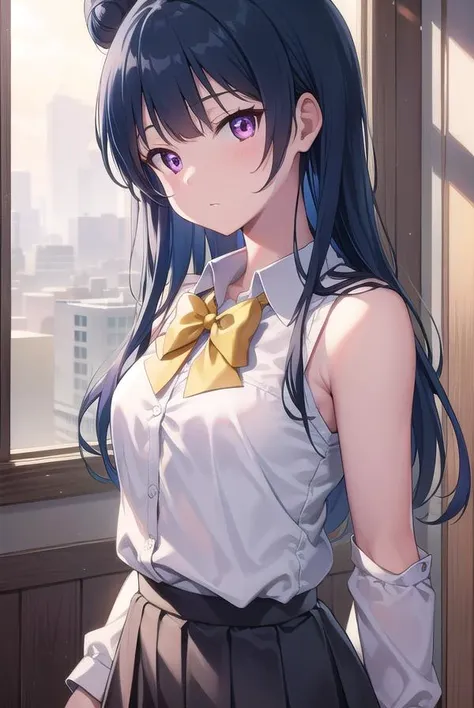 Anime girl with long black hair and a white shirt and a bow tie - SeaArt AI