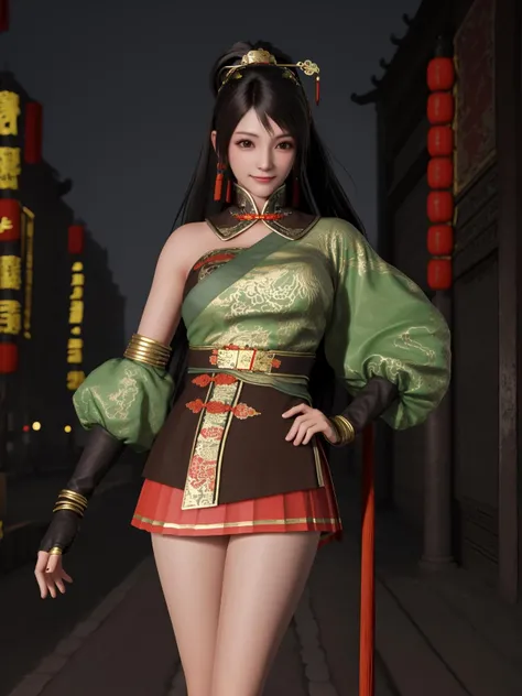 ZSGWSguanyingping, 1girl, solo, black hair,long hair, elbow gloves, jewelry, earrings, skirt, looking at viewer, ponytail, smile, brown eyes, belt,hair stick,chinese clothes,collar, <lora:ZSGWSguanyingping:0.75>,cityscape, night, mature female, hand on hip,
