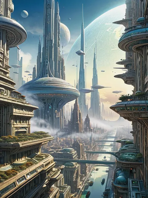 Modernist, modernist view of Moebius (Jean Giraud) Style page (a huge metropolis in the future dystopia), beautiful lighting, ray tracing, space background, (very detailed background, complex busy background, Earth in the background, clear focus, volumetric fog, dslr, high quality, film grain, photo realism, lomography, in , viewed from below, translucent , (HDR: 1.2), masterpiece, (realism: 1.4), best quality, <lora:Moebius (Jean Giraud) Style:0.8>. 18mm lens, f/4, minimalistic, strong lines