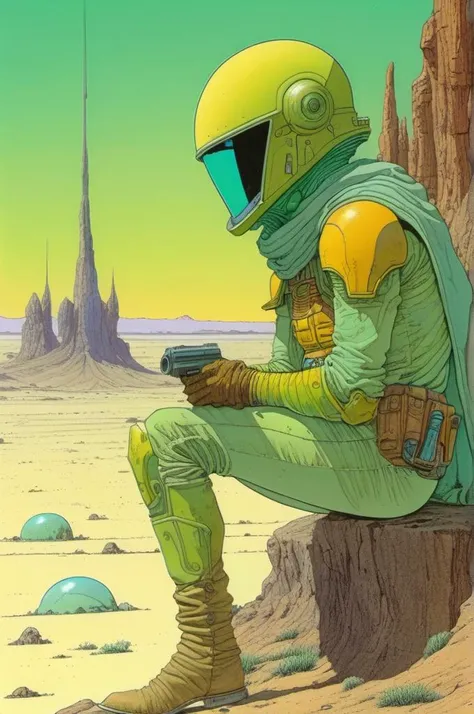 A picture by Jean Giraud Moebius, the picture shows a green and yellow alien bounty hunter, drawing, western backdrop in Moebius' signature style with sharp detailing and vibrant colors. Captured with a Panavision Panaflex Gold II and an Ultra Panavision 70 lens, the image is full of film grain and low - key lighting that creates a mysterious and intense atmosphere. ,
<lora:Moebius (Jean Giraud) Style:1> Moebius (Jean Giraud) Style
<lora:Moebius (Jean Giraud) Style:1> Moebius (Jean Giraud) Style