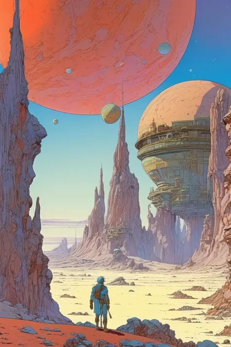<lora:Moebius (Jean Giraud) Style:1>Moebius (Jean Giraud) Style - mount olympus mythology style of moebius jean giraud distant planet Cel-Shading Cinematic Elements Beautifully Detailed 8K