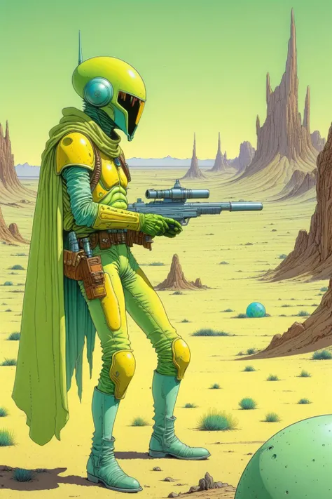 <lora:Moebius (Jean Giraud) Style:1>Moebius (Jean Giraud) Style - A picture by Jean Giraud Moebius, the picture shows a green and yellow alien bounty hunter, drawing, western backdrop in Moebius' signature style with sharp detailing and vibrant colors. Captured with a Panavision Panaflex Gold II and an Ultra Panavision 70 lens, the image is full of film grain and low - key lighting that creates a mysterious and intense atmosphere.