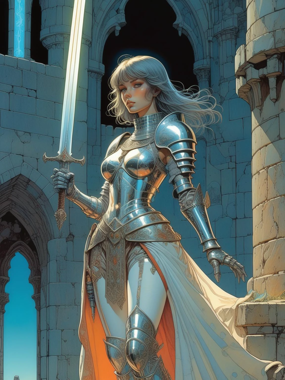 Moebius (Jean Giraud) Style page girl knight, holding a sword, dazzling ,transparent , (1 arm up), waving sword, glowing armor, glowing eyes, full armor, hyper detailed, perfect anatomy, (in castle:1.2), <lora:Moebius (Jean Giraud) Style:0.7>