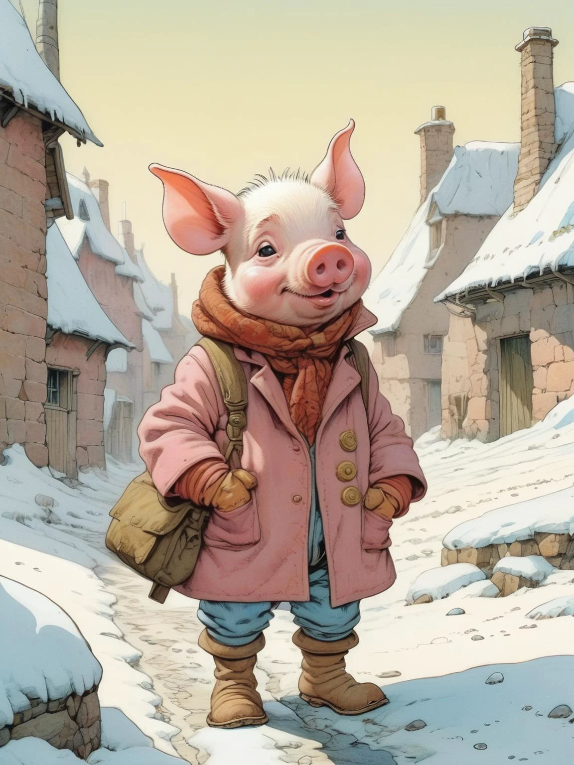 Moebius (Jean Giraud) Style page, Tiny cute and adorable piglet adventurer dressed in a warm overcoat on a winters day, anthropomorphic, <lora:Moebius (Jean Giraud) Style:0.8>