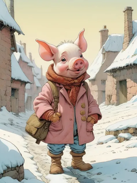 Moebius (Jean Giraud) Style page, Tiny cute and adorable piglet adventurer dressed in a warm overcoat  on a winters day, anthropomorphic,     <lora:Moebius (Jean Giraud) Style:0.8>