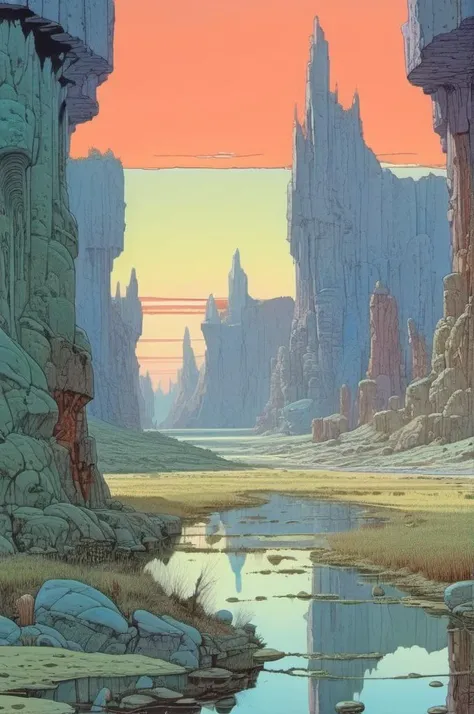 <lora:Moebius (Jean Giraud) Style:1> Moebius (Jean Giraud) Style , swamp valley surrounded by high rocky cliffs, dawn,