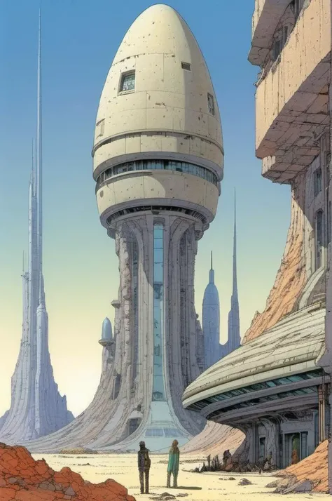 <lora:Moebius (Jean Giraud) Style:1> Moebius (Jean Giraud) Style , Office Buildings, Conglomerate stone, science fiction, building, architecture