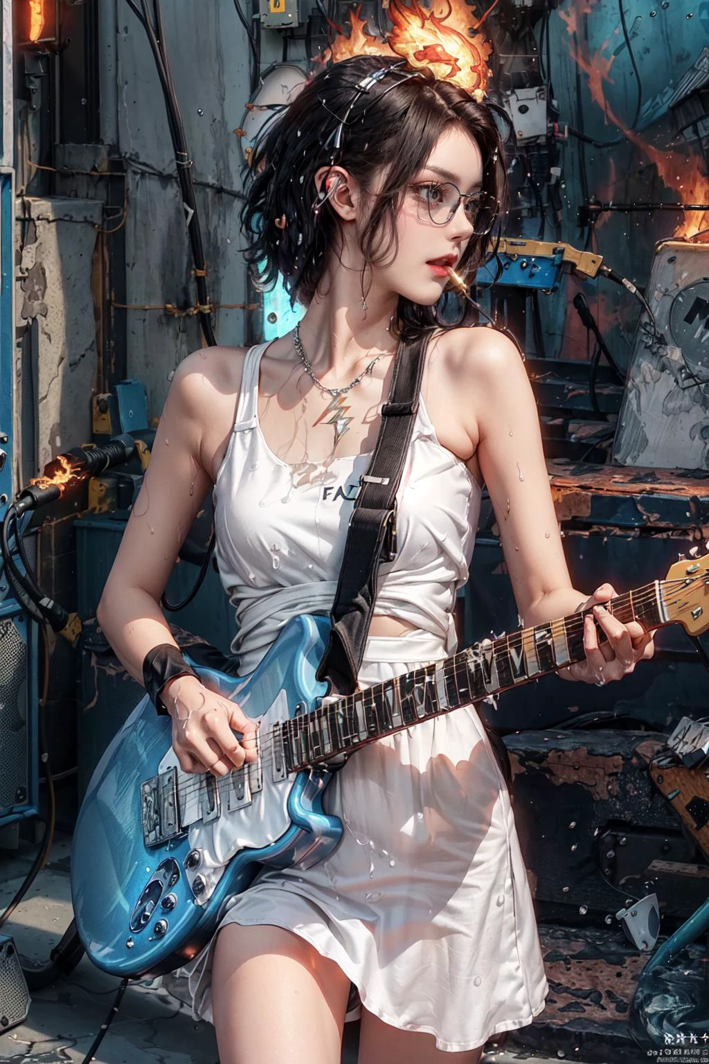 (White dress:1.4), (White wedding dress:1.2), ((a rock band lead singer:1.1)), cigarette in mouth, ((playing electric guitar:1.5)), (Water splash:1.3), (Drop of water:1.3), Giant wave, (photorealistic:1.4), (cowboy shot), official art, unity 8k wallpaper, ultra detailed, exquisitely detailed skin, (cinematic angle)(film grain:1.2)cinematic lighting, beautiful and aesthetic, dynamic lighting, masterpiece, best quality, glowing skin, cyberpunk, (neon light), (cybernetic implants:1.2), (augmentations), (cyborg:1.2), at night, 1girl, short hair, slim body, medium breasts, narrow waist, fishnet pantyhouse, Heavy Metal, wearing a sunglasses, chain, silver, necklace, fiery atmosphere, sexy, charming, (loudspeaker box:1.3), wire, cable tail, devil horn, dynatic pose, (Real caustic simulation:1.3), (Real flame simulation:1.3), water, (Flash of fire:1.3), waves, profile, Bust shot, <lora:neon_palette_offset:0.6>