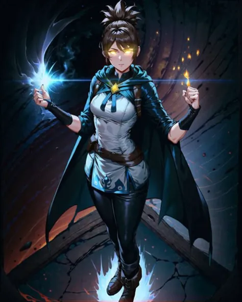 absurdres, high quality, best quality, marci dota2, 1girl, green cape, eye trail, glowing hands, black pants, boots, standing, looking at viewer, solo, glowing, cape, pants, breasts, yellow eyes, glowing eyes, brown hair, clenched hands, medium breasts, night, earth, milky_way, starry, full body