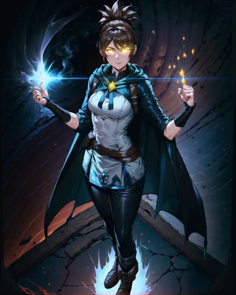 absurdres, high quality, best quality, marci dota2, 1girl, green cape, eye trail, glowing hands, black pants, boots, standing, looking at viewer, solo, glowing, cape, pants, breasts, yellow eyes, glowing eyes, brown hair, clenched hands, medium breasts, night, earth, milky_way, starry, full body