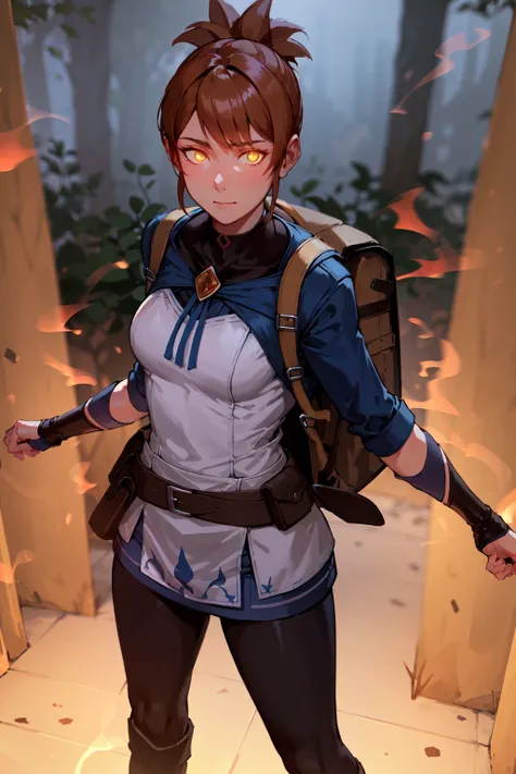 <lora:marciDota2LoraWIP_marciV01:0.8> marci dota2,yellow eyes, glowing eyes, glowing hands, eye trail, absurdres, high quality, best quality, 1girl, black pants, medium breasts, solo, boots, standing, brown eyes, looking at viewer, long sleeves, brown backpack