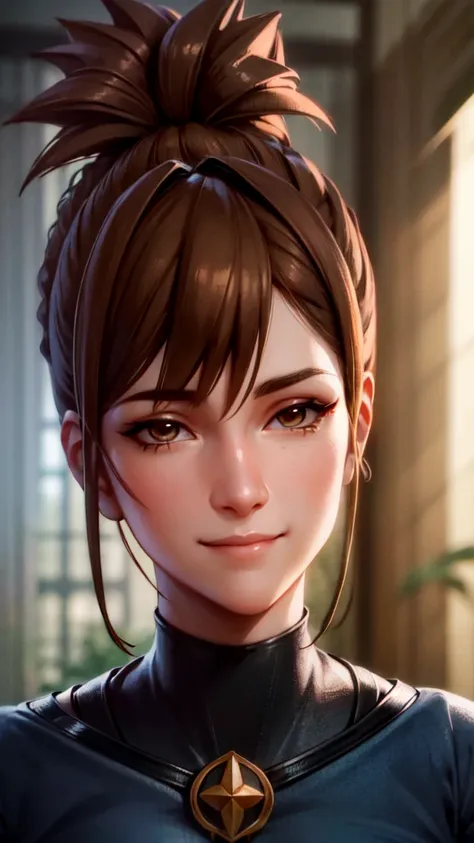 best quality ,beautiful,gorgeous , highly detailed , unreal engine , octane render   ,  , detailed face,brown eyes,cute smile with closed mouth , ray traced reflections, mature  , 8k high res  , extremely detailed eyes  , masterpiece ,  ,<lora:marci:0.8>,marci dota2,brown hair,brown belt,anime style,