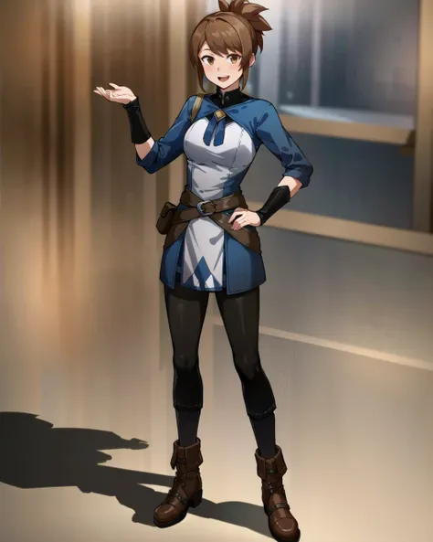 absurdres, high quality, best quality, marci dota2, 1girl, black pants, medium breasts, white border, solo, boots, standing, smile, breasts,full body, hand on hip, brown eyes, looking at viewer, brown footwear, blue background, open mouth, simple background, long sleeves, hand up, ingame model style