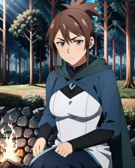 absurdres, high quality, best quality, marci dota2, 1girl, anime anime coloring, anime anime screencap, green cape, brown hair, brown eyes, campfire, sitting, forest, night