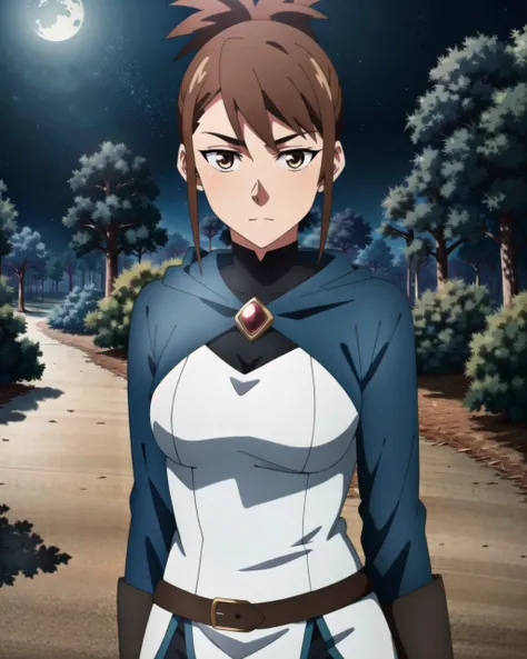 absurdres, high quality, best quality, marci dota2, 1girl, anime anime coloring, anime anime screencap, green cape, brown hair, brown eyes, standing, forest, (night)