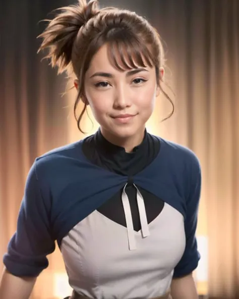 absurdres, high quality, best quality, marci dota2, 1girl, medium breasts, solo, lips, nose, smile, breasts,upper body, closed mouth, looking at viewer, simple background, brown eyes, orange eyes