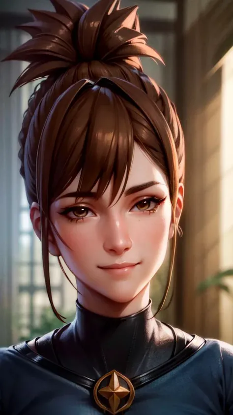 best quality ,beautiful,gorgeous , highly detailed , unreal engine , octane render , , detailed face,brown eyes,cute smile with closed mouth , ray traced reflections, mature , 8k high res , extremely detailed eyes , masterpiece , ,<lora:marci:0.8>,marci dota2,brown hair,brown belt,anime style,