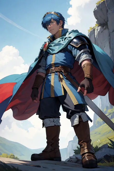 best quality, Mature male, Wide shot, <lora:marth-nvwls-v1-final:.9> marth, tiara, cape, armor, blue tunic, fingerless gloves, belt, pants, boots