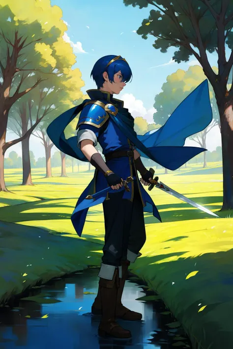masterpiece, best quality, marth, tiara, cape, armor, blue tunic, fingerless gloves, belt, pants, boots, Unsheathing Sword, standing, from side, sky, field, trees, stream <lora:marth-nvwls-v1-000010:0.8> <lora:UnlimitedBladeWorksv0.4:0.6>