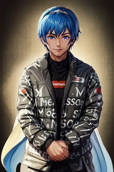(masterpiece, best quality:1.2), <lyco:marth-nvwls-v1-final:0.8>, <lyco:attire_dripmeme-10:0.8>, cowboy shot, solo, male focus, 1boy, marth, smile, closed mouth, looking at viewer, own hands together, tiara, dripjacket, simple background