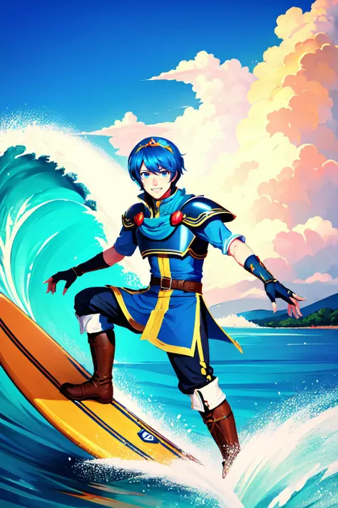 Highly detailed, High Quality, Masterpiece, beautiful, marth, tiara, cape, armor, blue tunic, fingerless gloves, belt, pants, boots, <lora:Char_FireEmblem_Marth:0.8>, light smile, surfing, waves, <lora:Pos_Surfing:0.8>