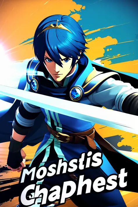 masterpiece, best quality, marth, tiara, cape, armor, blue tunic, fingerless gloves, belt, pants, cowboy shot, SSBUSplashArt, one handed sword, english text <lora:marth-nvwls-v1-000010:0.8> <lora:SSBUSplashArt:0.9> <lora:UnlimitedBladeWorksv0.4:0.6>