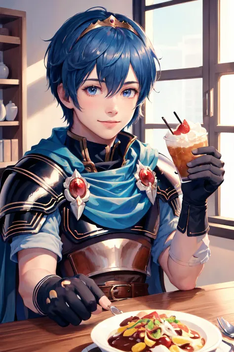 Highly detailed, High Quality, Masterpiece, beautiful, marth, tiara, cape, armor, blue tunic, fingerless gloves, belt, pants, boots, <lora:Char_FireEmblem_Marth:0.8>, light smile, food, simple background, elbows on table, cup, blurry background, indoors, upper body, <lora:Pos_AcrossTable:1>