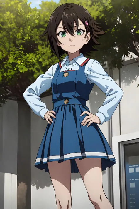 (masterpiece, best quality:1.2), highres, anime screencap, anime coloring, 1girl, solo, frown,
Noe_Isurugi, brown hair, short hair, hair between eyes, bangs, green eyes, hairclip, hair ornament, small breasts,
school uniform, (blue dress:1.1), pinafore dress, white shirt, long sleeves, blue socks,
standing and spread legs, hand on hip,
outdoors, park, looking down at viewer, from below, head on,
<lora:add_detail_CyberAlchemist:0.4>, <lora:GoodHands-beta2:1.0>, <lora:NoeIsurugi-000009:1.0>,