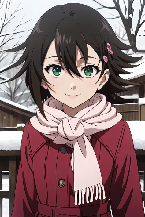(masterpiece, best quality:1.2), highres, anime screencap, anime coloring, 1girl, solo, smile, ^ ^,
Noe_Isurugi, brown hair, short hair, hair between eyes, bangs, green eyes, hairclip, hair ornament, small breasts,
winter clothes, red coat, pink scarf,
standing,
outdoors, park, snow, snowing, winter, looking at viewer, head on, upper body,
<lora:add_detail_CyberAlchemist:0.4>, <lora:GoodHands-beta2:1.0>, <lora:NoeIsurugi-000009:1.0>,