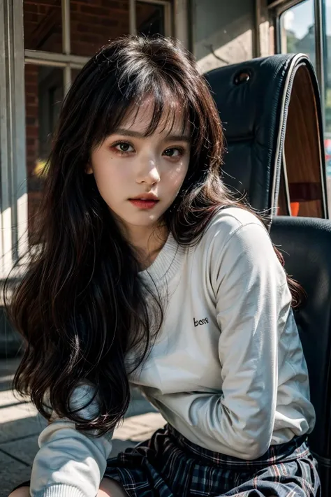 8K, 1girl, beautiful, medium wavy hair, (upturned eyes:1.2), white sweatshirt, oversize_shirt, subway train, (photorealistic:1.2), (ultra realistic:1.3), (very detailed:1.1), ((masterpiece)),