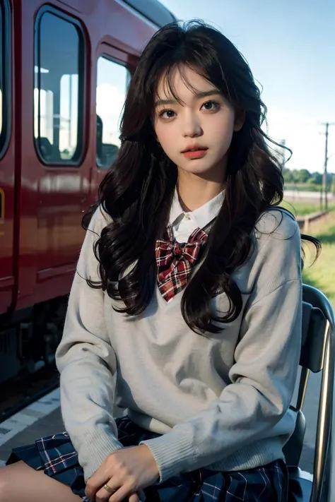 8k, RAW photo, ultra high res, best quality,(realistic photo:1.5),1girl,school uniform,autumn,outdoor,blue sky, wavy hair,(medium hair), head tilt,plaid pleated skirt,in train,sitting seat, <lora:emb:0.7>