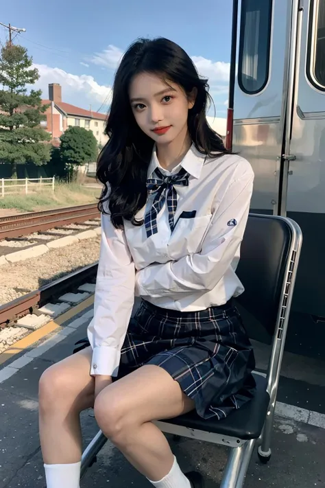 8k, RAW photo, ultra high res, best quality,(realistic photo:1.5),1girl,school uniform,autumn,outdoor,blue sky, wavy hair,(medium hair), head tilt,plaid pleated skirt,in train,sitting seat, <lora:emb:0.7>