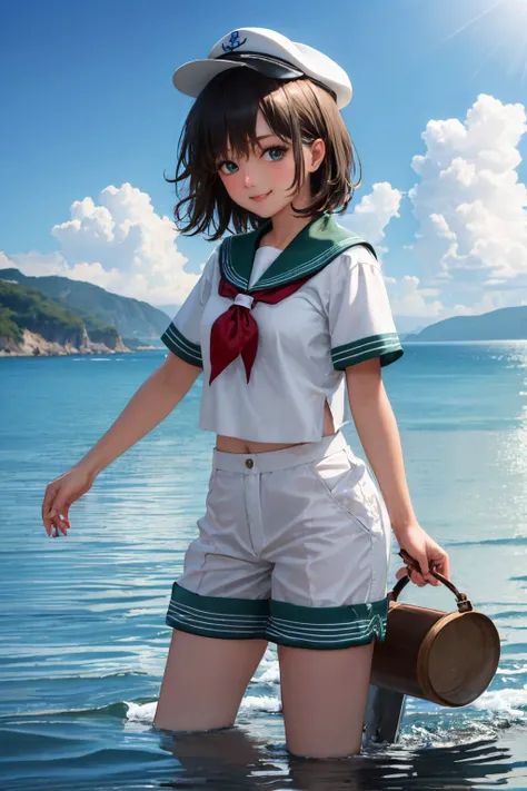 (masterpiece, best quality:1.2), <lyco:touhou_murasa-10:1.0>, cowboy shot, solo, 1girl, murasa minamitsu, smile, closed mouth, looking at viewer, wading, sailor hat, shirt, sailor collar, white shorts, anchor, ocean